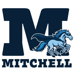 Mitchell School logo featuring a large navy letter M with a blue horse mascot wearing a mask and cape.